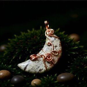 Speckled Crescent Jasper Stone Moon ~ Cream + Tan Colors! Copper Wire Wrapping